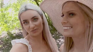 Candee Licious and Emily Bellex masturbating with a toy outdoors