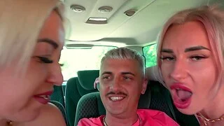 Tina Valentina together with alternate hottie share a dick in the car